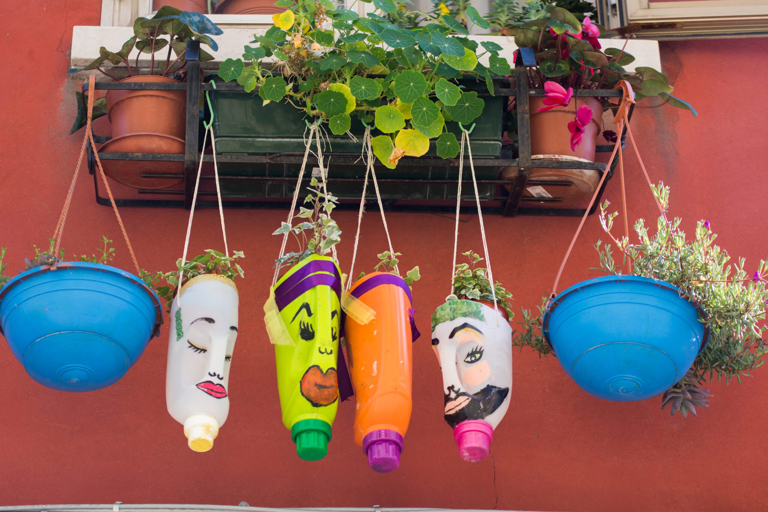 recycled plastic bottles used as planters